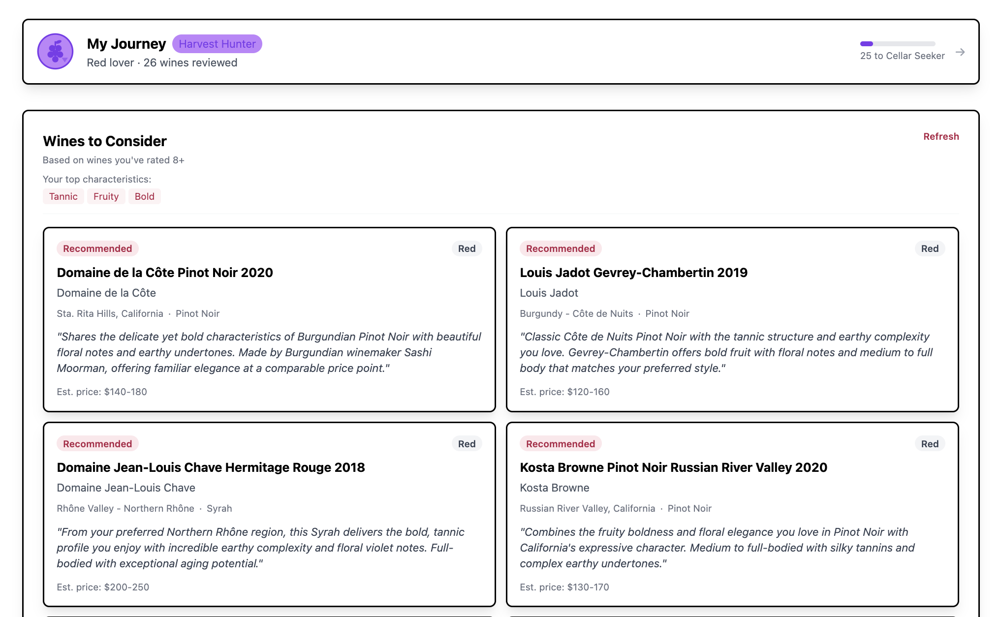 Pour Guide app showing personalized wine recommendations